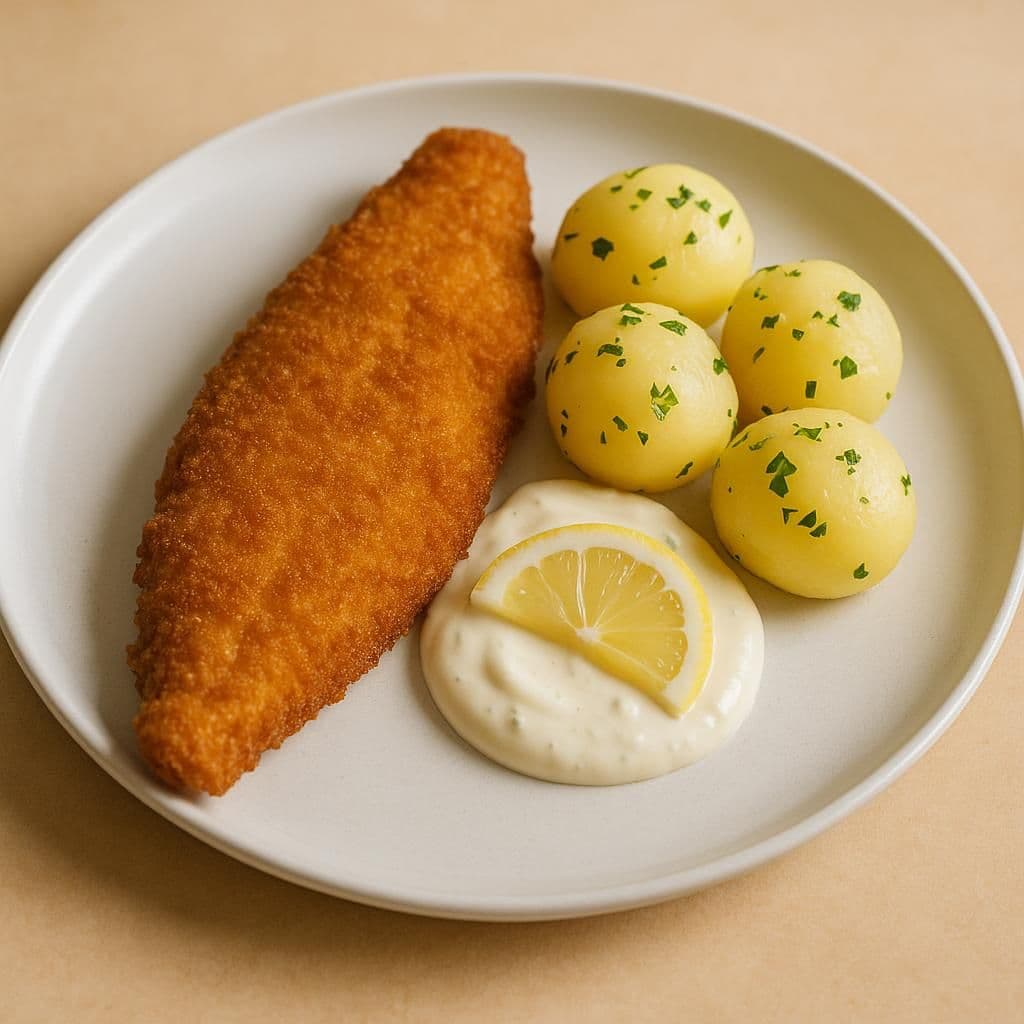 Panerad flundrafilé med citroncreme & kokt potatis