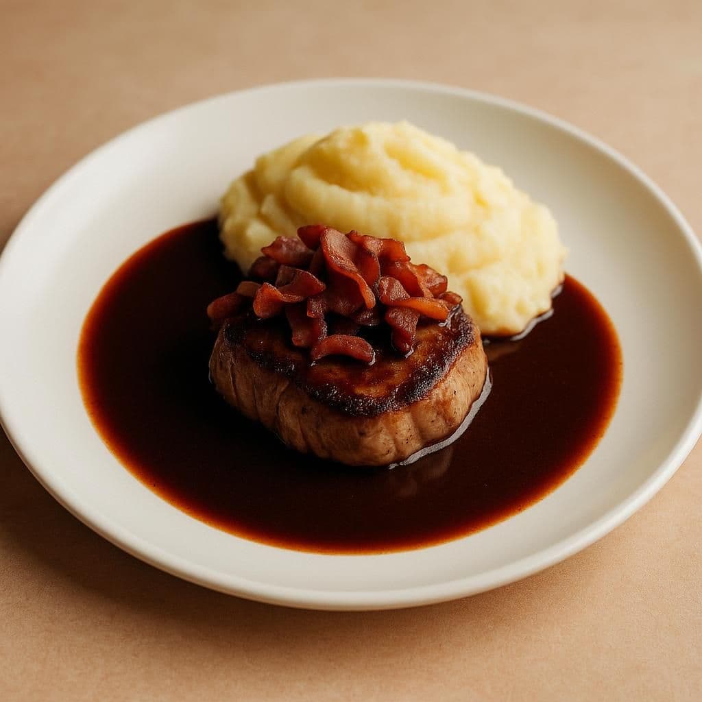 Skomakarlåda( fläskfilé rödvinssås bacon)potatismos.
