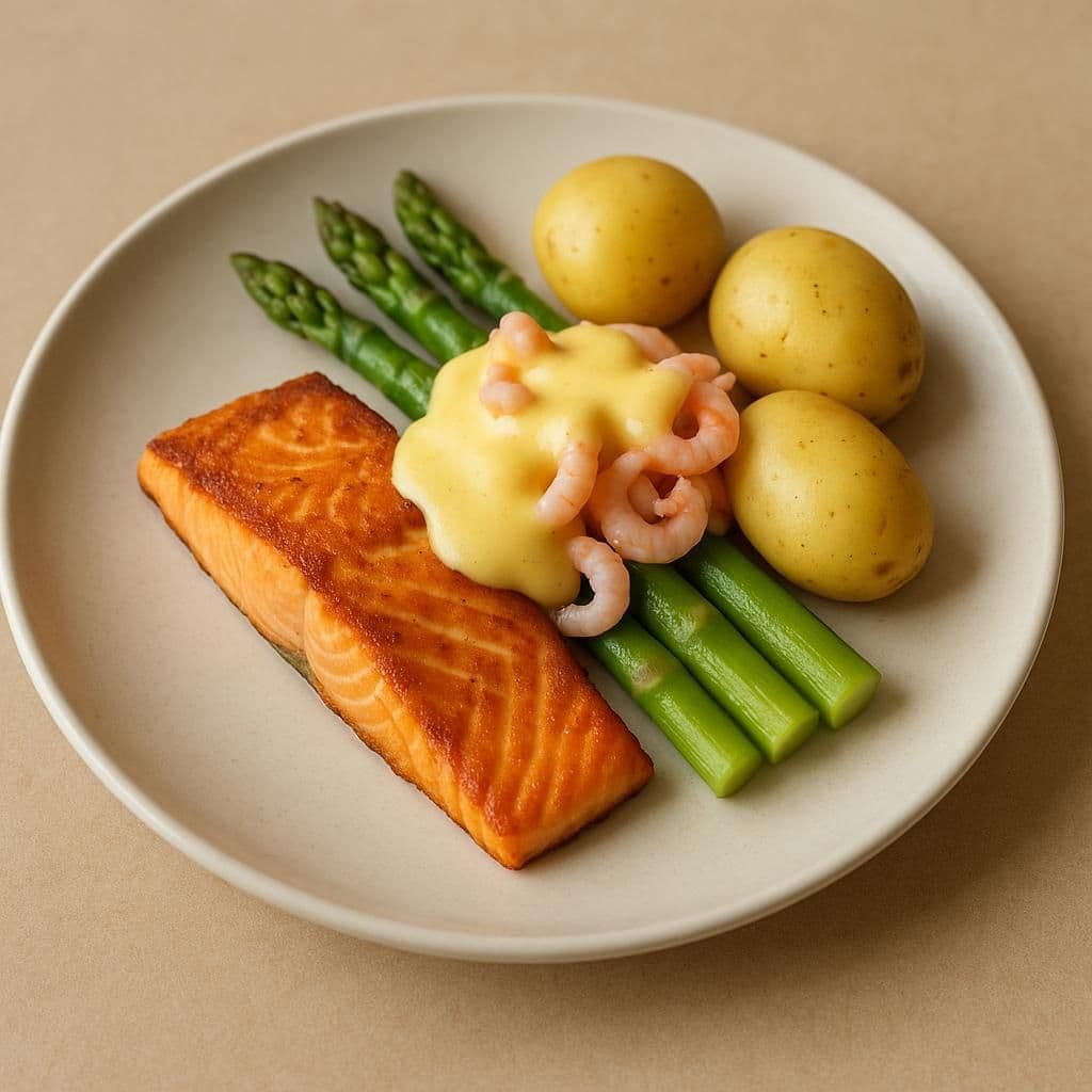 Stekt laxfile med hollandaise sparris räkor kokt potatis
